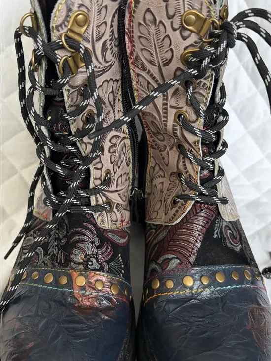 L'ATISTE Multicolor Embossed Lace-Up Combat Booties - Picture 12 of 12